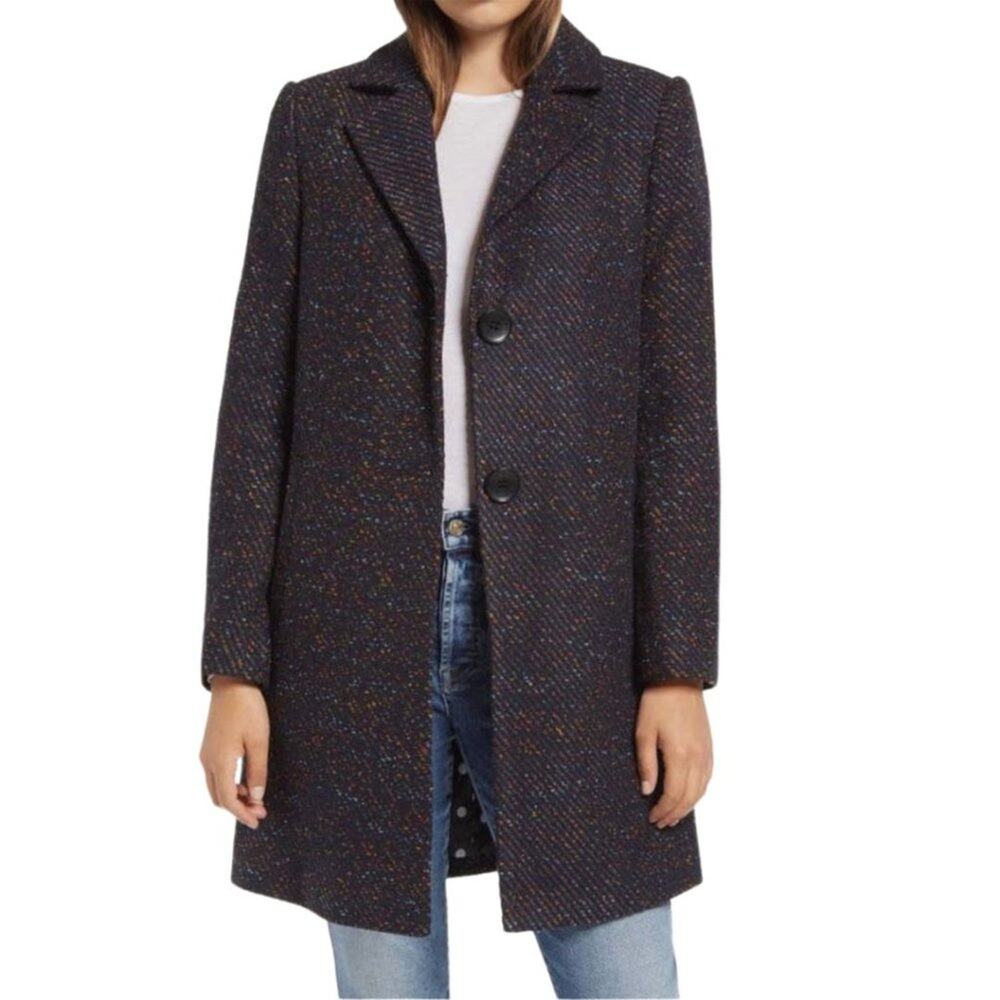 Sam Edelman Tweed Lightweight Long Coat Lined Notched Collar Blue 2